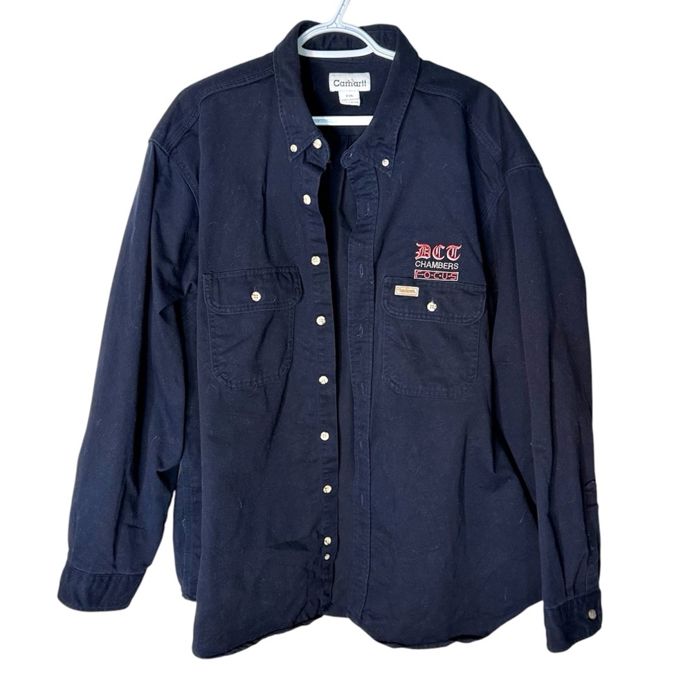 CARHARTT Men’s Navy Blue Oakman Work Thick Button Down Shirt DCT Logo Size 2XL